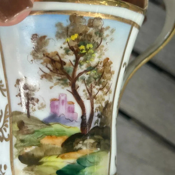 Vintage Hand Painted Porcelain Landscape Cup and Saucer Gold Trim - Picture 5 of 10